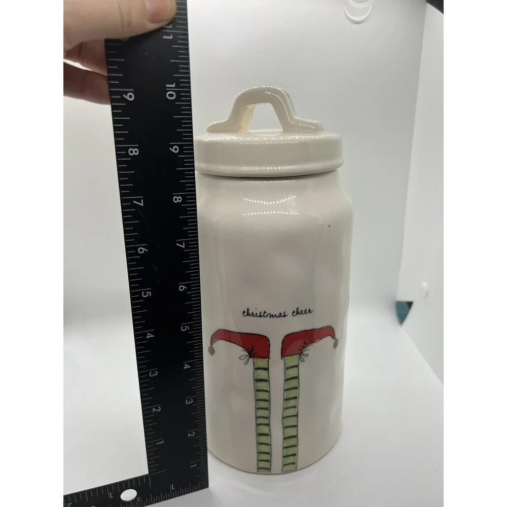 elf RAE DUNN ELf FEET CHRISTMAS CHEER TALL CERAMIC CANISTER cream red  elves